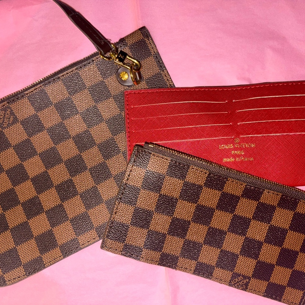 Louis Vuitton Brown Checkered Pouch and Red Wallet Set